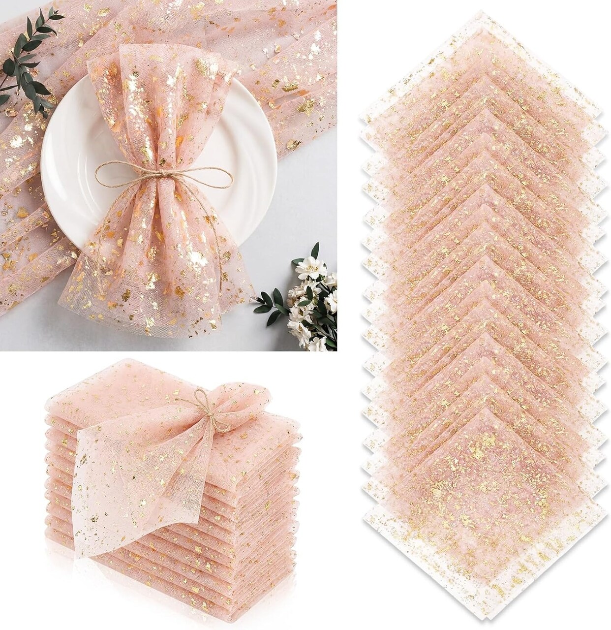 25 Pack Gauze Chiffon Napkins with Gold Foil – 20×20 Inch Sheer Metallic Table Napkins for Wedding, Bridal Shower & Party Decor